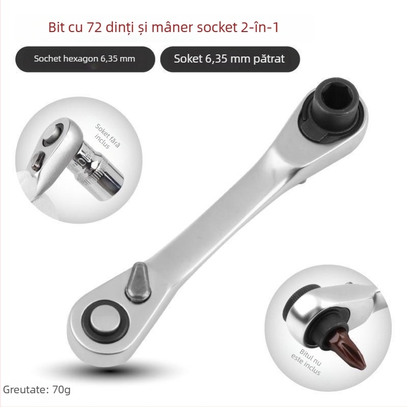 Cheie cu ratchet mini cu suport magnetic pentru bituri — oțel Cr-V, 1 bucată, 60 g, seria Mini Ratchet, Shimon