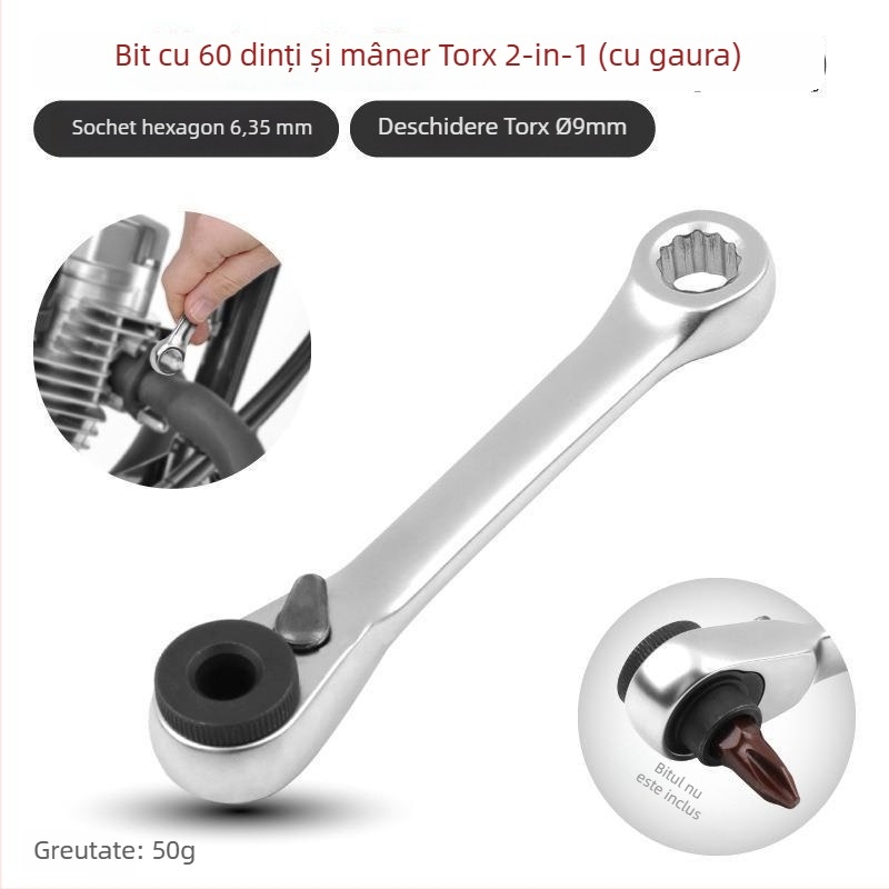 Cheie cu ratchet mini cu suport magnetic pentru bituri — oțel Cr-V, 1 bucată, 60 g, seria Mini Ratchet, Shimon