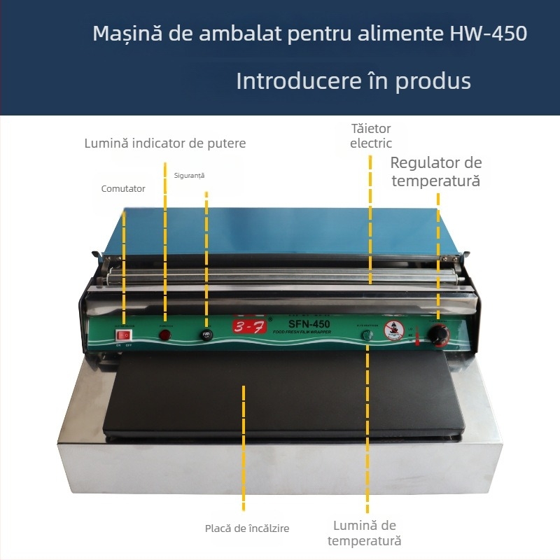 Mașină de ambalare cu folie pentru fructe și legume (funcționare manuală, lățimea sigilării până la 45 cm, grosimea foliei: general, controlul temperaturii 60–140)