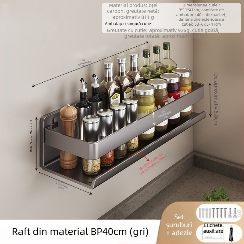 Raft de bucătărie pe perete pentru condimente, din oțel carbon, multifuncțional, montaj fără găuri
