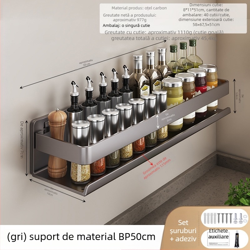 Raft de bucătărie pe perete pentru condimente, din oțel carbon, multifuncțional, montaj fără găuri