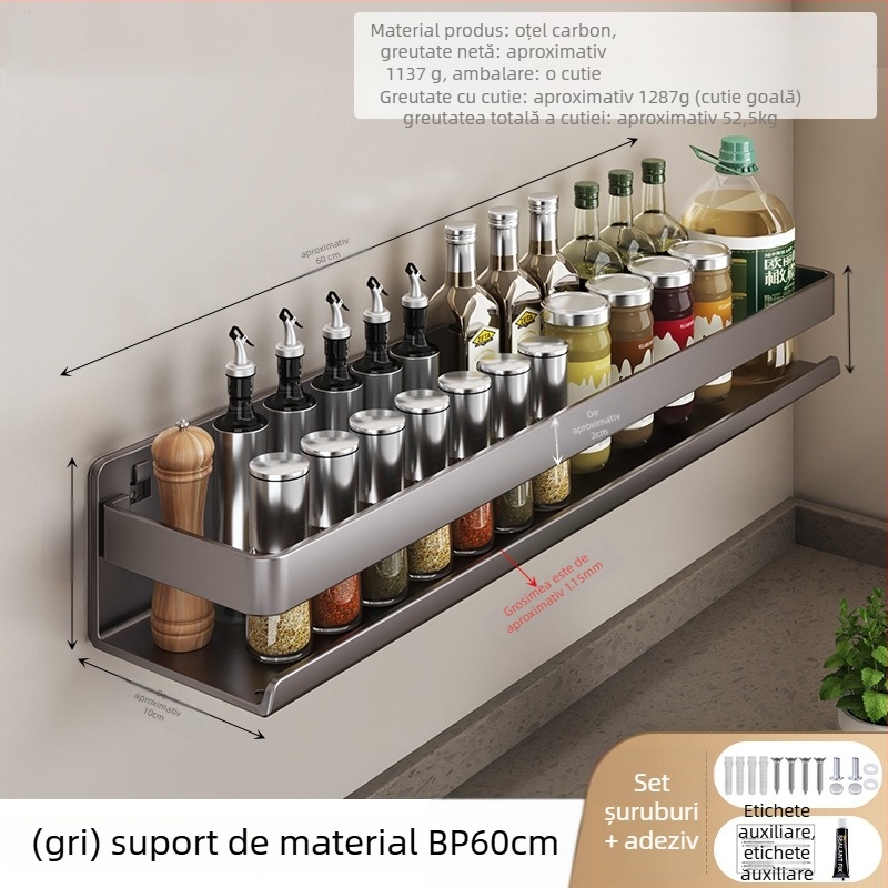 Raft de bucătărie pe perete pentru condimente, din oțel carbon, multifuncțional, montaj fără găuri