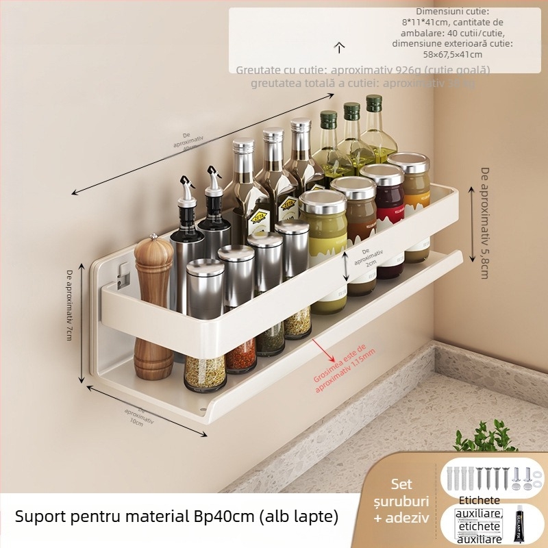 Raft de bucătărie pe perete pentru condimente, din oțel carbon, multifuncțional, montaj fără găuri