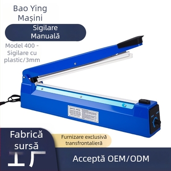 Baoying Machinery Mașină manuală de sigilat cu carcasă din plastic, tip 400 pentru alimente, acționare manuală, fără automatizare; Grosime folie: până la 20 fire pe o parte; Interval de temperatură 1–8