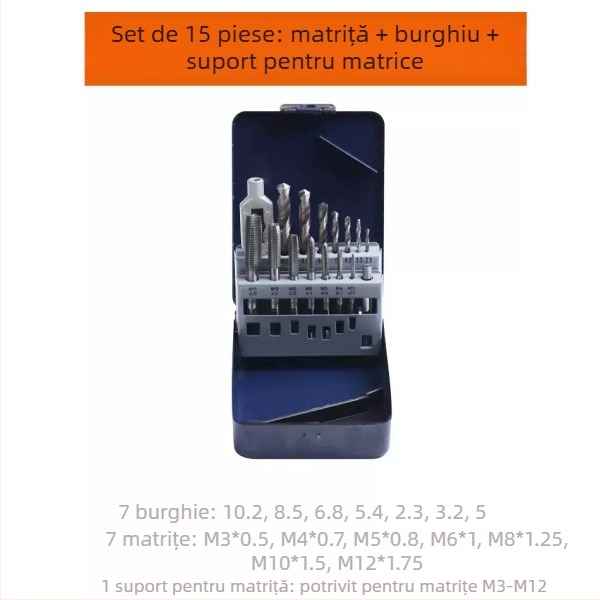 Set mini de filetare metrice 15/10/8 piese cu cheie manuală pentru filetare