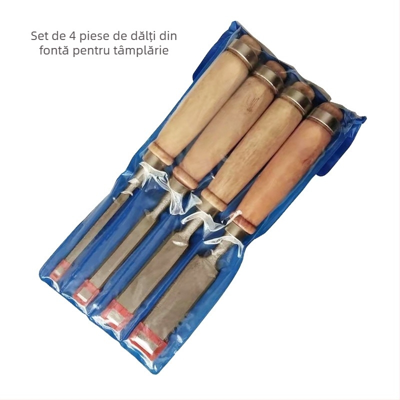 Daltă plată pentru tâmplă, mâner din lemn, lamă din fontă, Hengyu HY-012, set de 4 buc.