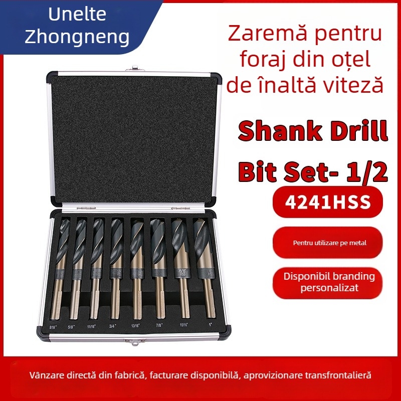 Set de 8 burghie spiral, cu ax mic, din oțel rapid, vârf de 118°, în cutie din aluminiu