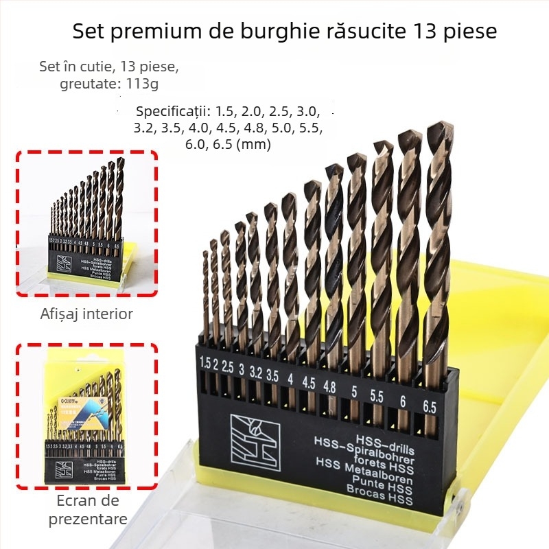 Set de burghie pentru mașină de găurit electrică: oțel rapid de înaltă viteză, acoperire cu titan, burghie spirale cu ax drept, 25 de bucăți, cutie metalică