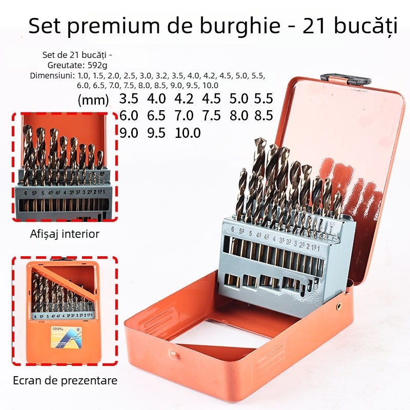 Set de burghie pentru mașină de găurit electrică: oțel rapid de înaltă viteză, acoperire cu titan, burghie spirale cu ax drept, 25 de bucăți, cutie metalică