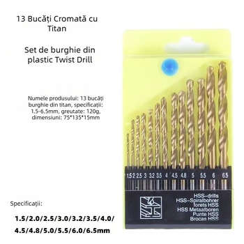 Set de 13 burghie cu acoperire de titan, având mâner rotund, lustruire completă.