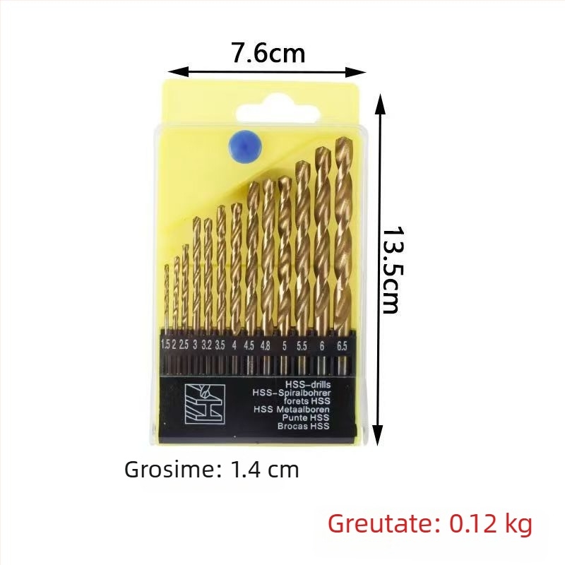 Set de 13 burghie cu acoperire de titan, având mâner rotund, lustruire completă.