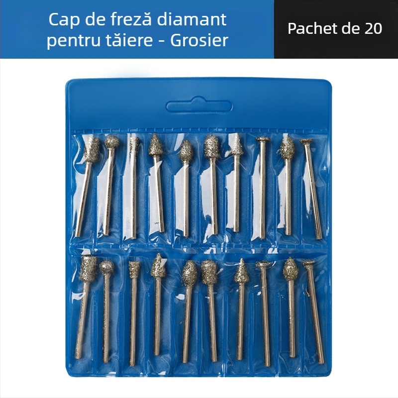 Set de 20 capete de șlefuire cu diamant, granulație grosieră, pentru sculptură în jad, sticlă, ceramică și metal