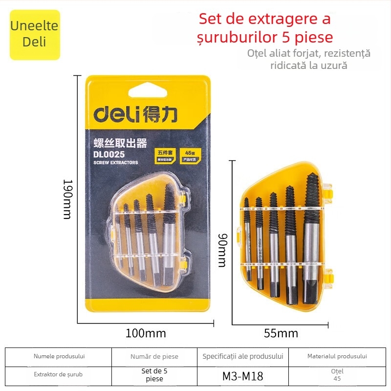 Extractie pentru fire rupte și șuruburi – filet interior și reparații conducte de apă. Marcă: Deli