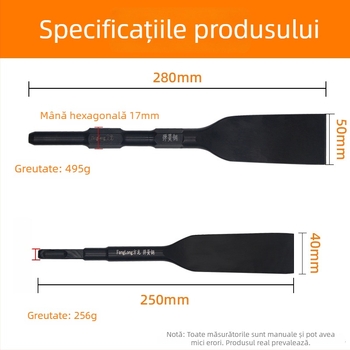 Daltă pentru ciocan cu impact din oțel arcuit: dalta plată prelungită, cap lopată, mâner pătrat, pentru beton