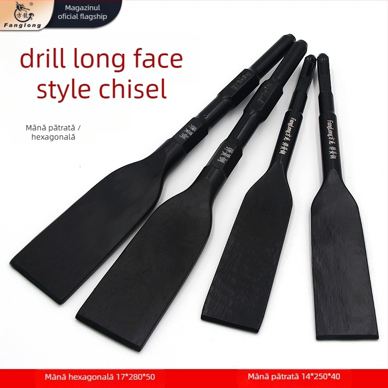 Daltă pentru ciocan cu impact din oțel arcuit: dalta plată prelungită, cap lopată, mâner pătrat, pentru beton