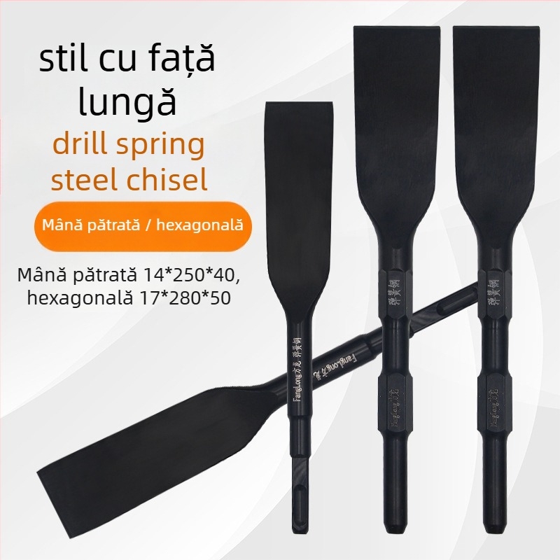 Daltă pentru ciocan cu impact din oțel arcuit: dalta plată prelungită, cap lopată, mâner pătrat, pentru beton