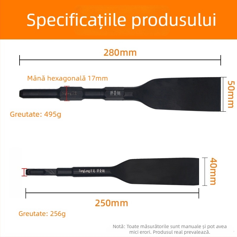 Daltă pentru ciocan cu impact din oțel arcuit: dalta plată prelungită, cap lopată, mâner pătrat, pentru beton