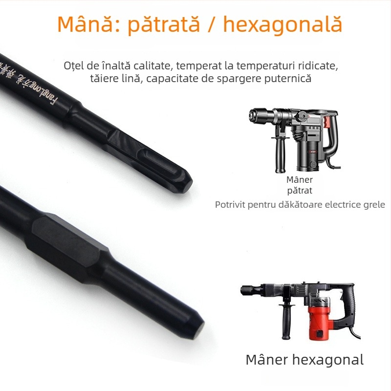 Daltă pentru ciocan cu impact din oțel arcuit: dalta plată prelungită, cap lopată, mâner pătrat, pentru beton