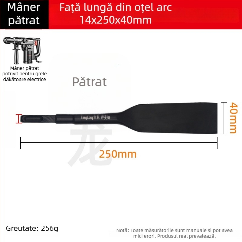 Daltă pentru ciocan cu impact din oțel arcuit: dalta plată prelungită, cap lopată, mâner pătrat, pentru beton