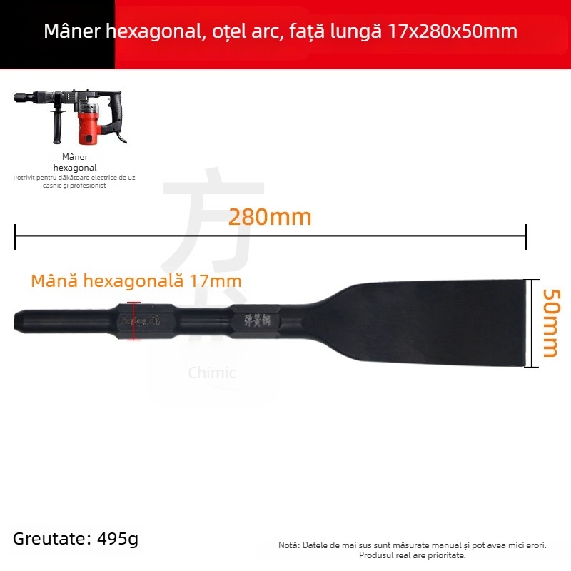 Daltă pentru ciocan cu impact din oțel arcuit: dalta plată prelungită, cap lopată, mâner pătrat, pentru beton