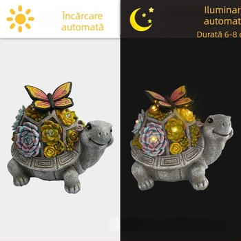 Statuetă din rășină cu motive de fluture, țestoasă și succulentă, și lampă solară pentru grădină (material: rășină sintetică; categorie: obiecte din rășină; ambalaj: obișnuit)