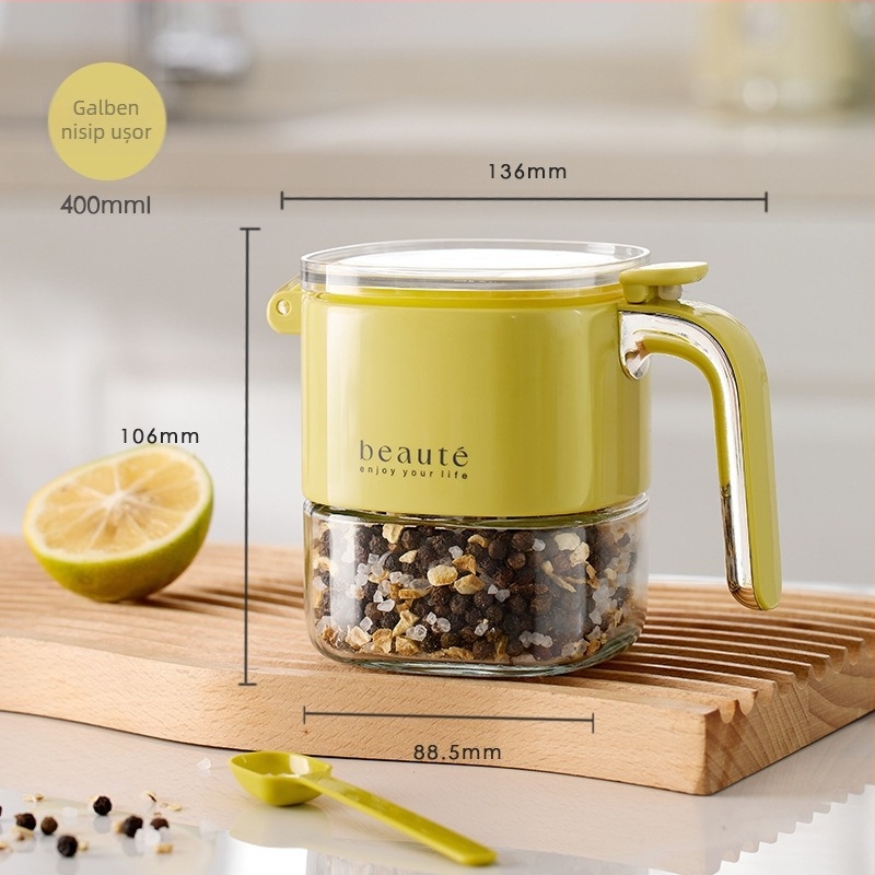 Borcan din sticlă pentru condimente, cu sigilare dublă și linguriță – recipient rezistent la umezeală pentru condimente uscate