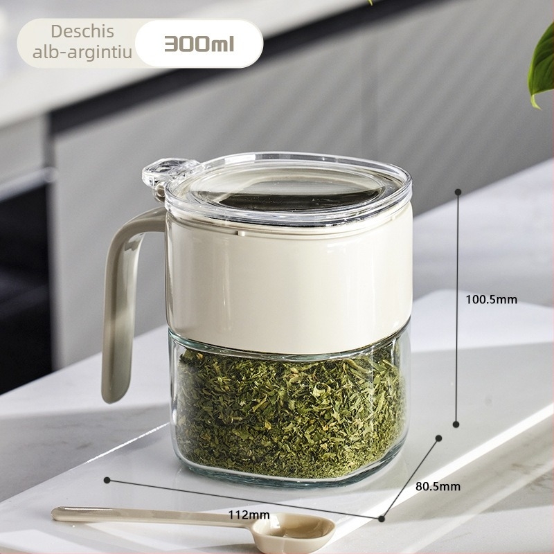 Borcan din sticlă pentru condimente, cu sigilare dublă și linguriță – recipient rezistent la umezeală pentru condimente uscate
