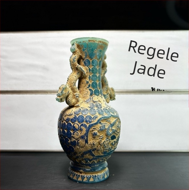 Jade King Stâncă Hibiscus Dragon Bottle, Gravură Etnică, Sculptură din Jad cu Finisaj Placat cu Aur