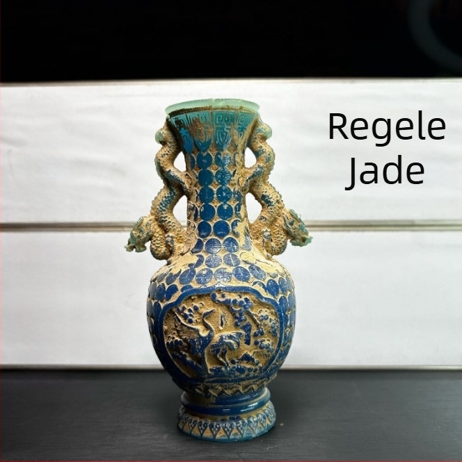 Jade King Stâncă Hibiscus Dragon Bottle, Gravură Etnică, Sculptură din Jad cu Finisaj Placat cu Aur