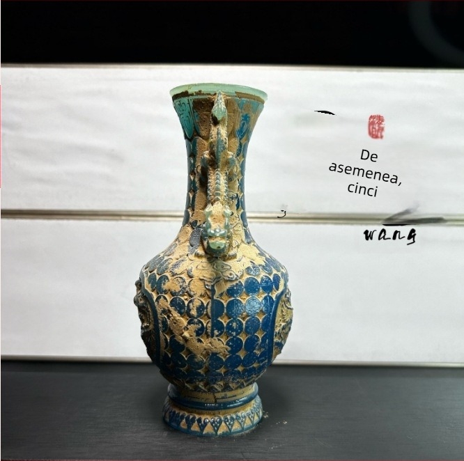 Jade King Stâncă Hibiscus Dragon Bottle, Gravură Etnică, Sculptură din Jad cu Finisaj Placat cu Aur