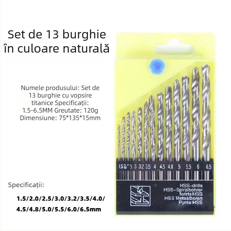 Set de 13 bucăți burghiu pentru lemn, din oțel rapid de înaltă viteză, cu strat de titan, pentru șurubelniță electrică