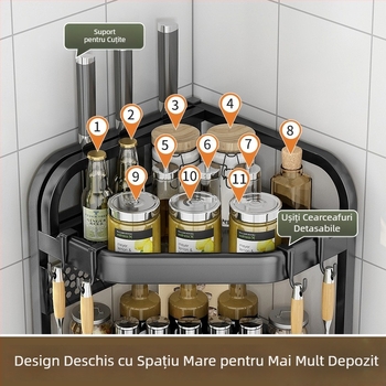 Raft de colț pentru bucătărie pentru condimente, cuțite și bețișoare — oțel carbon, fără găuri, suport triunghiular pentru blat, stil modern