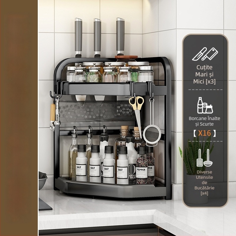 Raft de colț pentru bucătărie pentru condimente, cuțite și bețișoare — oțel carbon, fără găuri, suport triunghiular pentru blat, stil modern