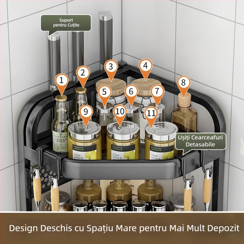 Raft de colț pentru bucătărie pentru condimente, cuțite și bețișoare — oțel carbon, fără găuri, suport triunghiular pentru blat, stil modern