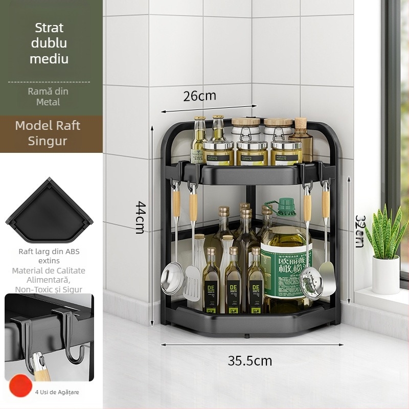 Raft de colț pentru bucătărie pentru condimente, cuțite și bețișoare — oțel carbon, fără găuri, suport triunghiular pentru blat, stil modern