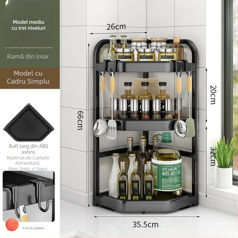 Raft de colț pentru bucătărie pentru condimente, cuțite și bețișoare — oțel carbon, fără găuri, suport triunghiular pentru blat, stil modern