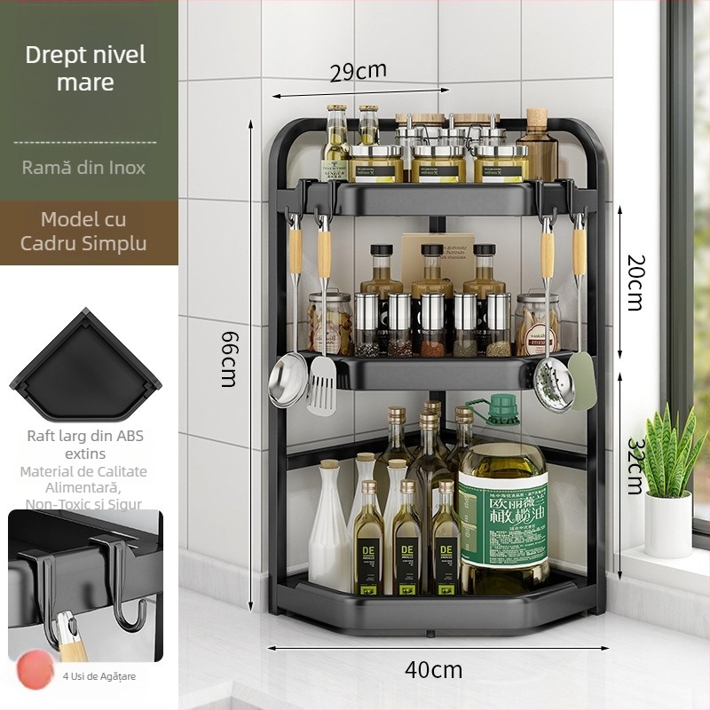 Raft de colț pentru bucătărie pentru condimente, cuțite și bețișoare — oțel carbon, fără găuri, suport triunghiular pentru blat, stil modern