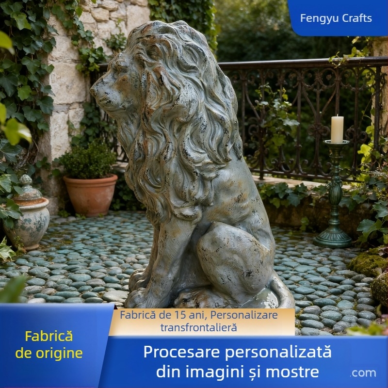 Statuie Leu Grădină, oxid de magneziu, gravată și lustruită, execuție semi-manuală și semi-mecanizată