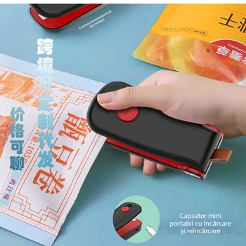 Mașină compactă de sigilat pungi din plastic pentru uz casnic, cu lățimea sigilării de 5 cm, baterie încorporată, 5V/5W, ABS, model YP-801.