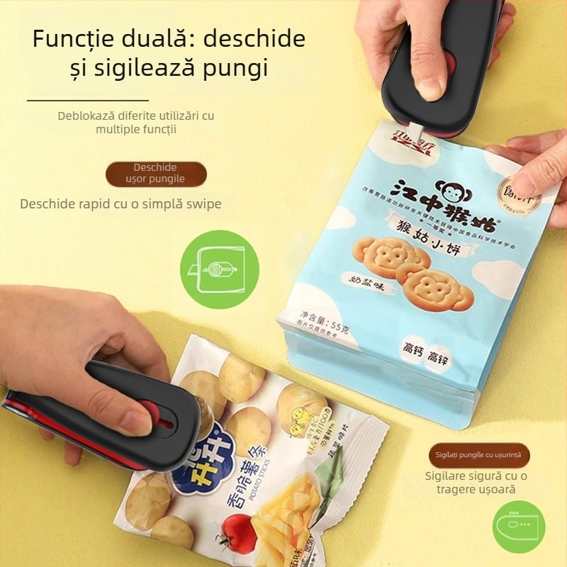 Mașină compactă de sigilat pungi din plastic pentru uz casnic, cu lățimea sigilării de 5 cm, baterie încorporată, 5V/5W, ABS, model YP-801.