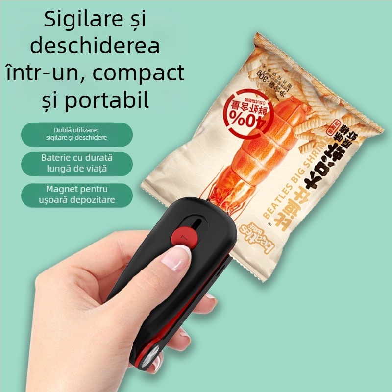 Mașină compactă de sigilat pungi din plastic pentru uz casnic, cu lățimea sigilării de 5 cm, baterie încorporată, 5V/5W, ABS, model YP-801.