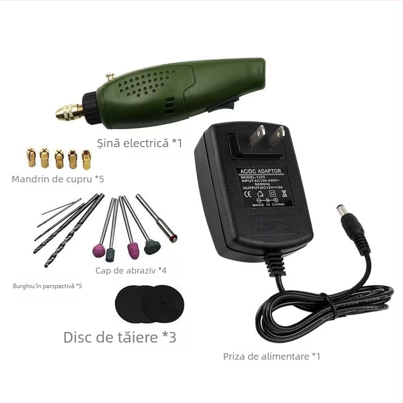 Creion electric de gravură în jad, cu funcții de găurire, șlefuire și lustruire - 12V, fără reglaj de viteză, greutate 0,3 kg