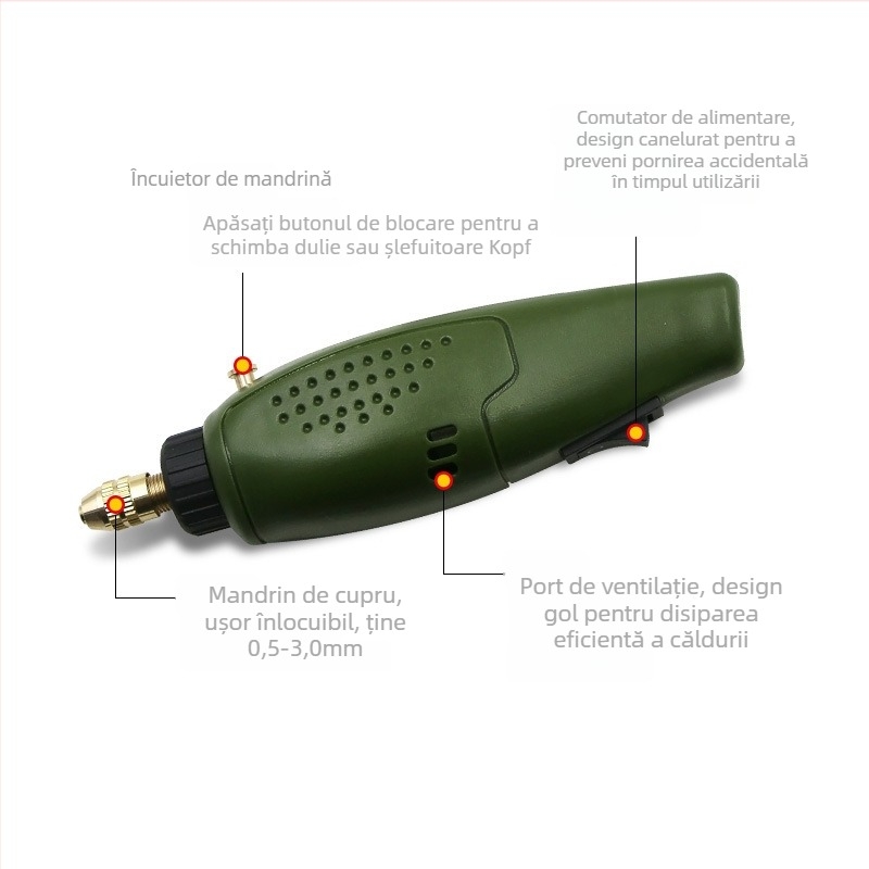 Creion electric de gravură în jad, cu funcții de găurire, șlefuire și lustruire - 12V, fără reglaj de viteză, greutate 0,3 kg