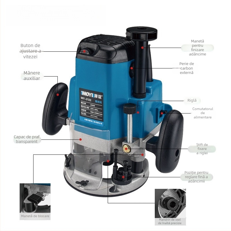 Freză electrică pentru lemn, margine și canelare, precizie înaltă, 220-240V, potrivită pentru lemn, plastice inginerești, plăci aluminiu-cupru, materiale compozite și acrilic