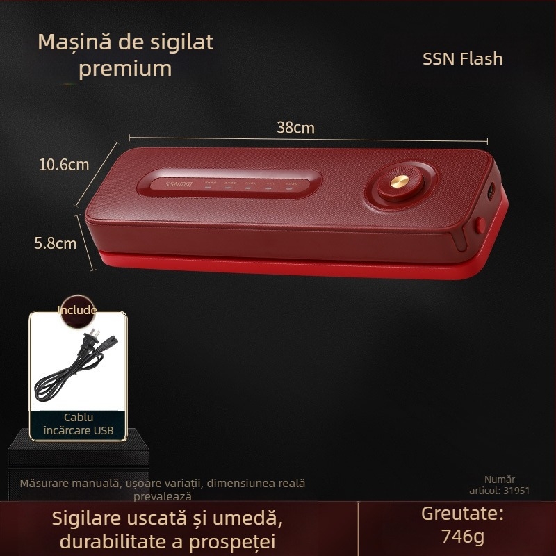 Shiny Superior Mașină de sigilare cu vid – model Light Luxury Sealing Machine, funcții: sigilare cu vid, ambalare din plastic, alimentare USB, carcasă din plastic