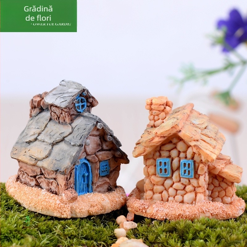 Mini peisaj cu mușchi în flacon — castel elf, casă din piatră, formă geometrică, material: rășină sintetică, marcă Chen jun craftsmanship, cod produs C0653