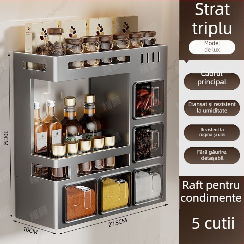 Odyssk Raft de condimente montat pe perete, din oțel cu carbon, fără găuri, stil minimalist modern, pentru ulei, sare, sos și oțet