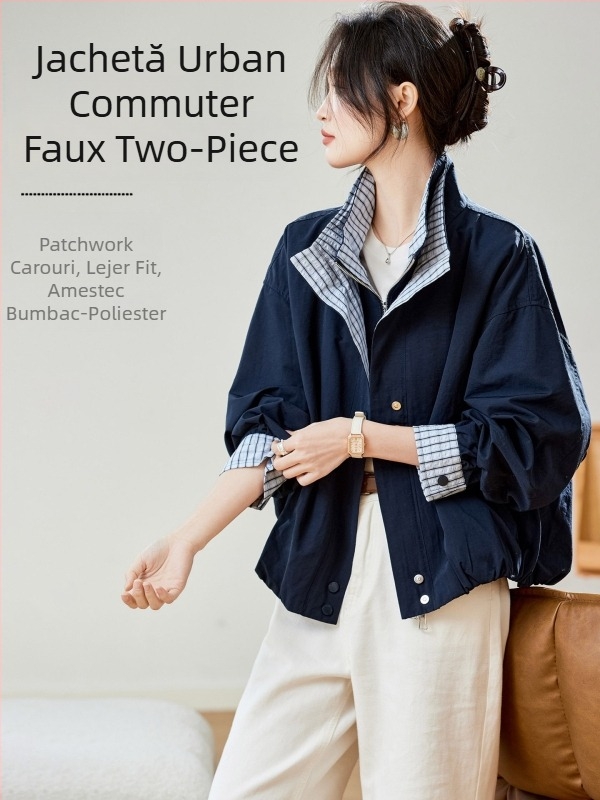 Jachetă scurtă pentru femei cu design de două piese false, carouri, croială lejeră, fermoar frontal, mâneci lungi, toamnă-iarnă 2025