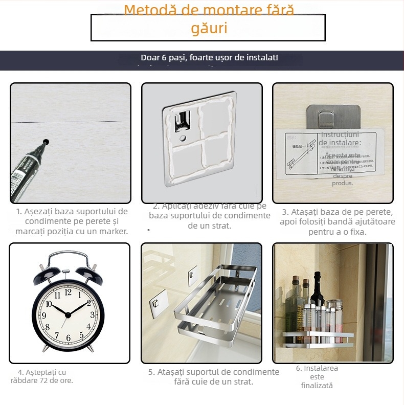 Raft pentru condimente din oțel inoxidabil 304, montaj pe perete, fără găuri, design modern minimalist