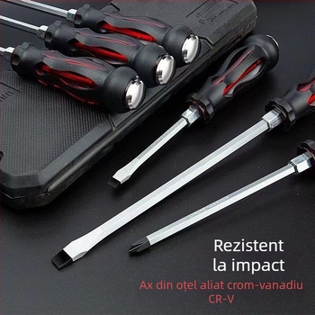 Set de șurubelnițe rezistent la impact cu bituri cruciforme și plate pentru utilizare industrială — corp din plastic; mâner din oțel crom-vanadiu; tip cap rotativ: cruciform